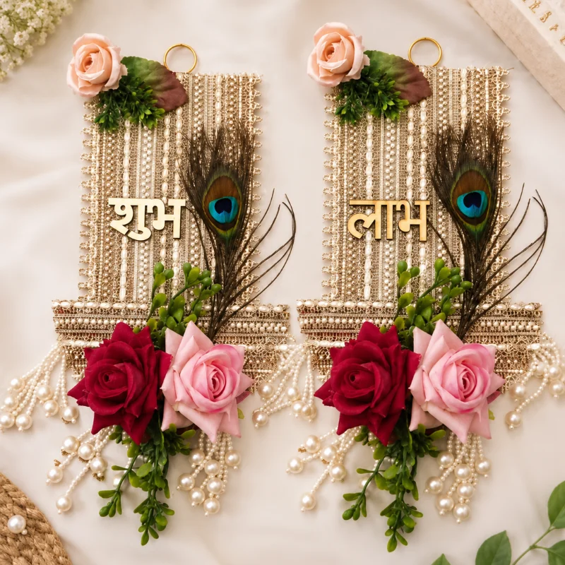 Premium Shubh Labh Door Hanging Set for Main Door | Handcrafted Floral Gotapatti & Mirror Work Latkan | Traditional Festive Entrance Decor & Pooja Room Wall Hanging