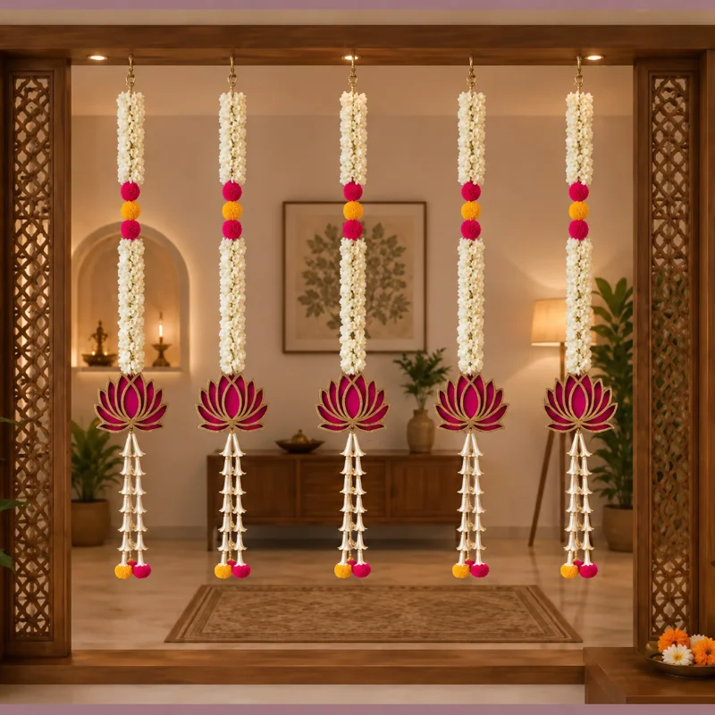 The CrafTella Lotus Hanging 4 Pcs - Small- 20 INCH| Floral Wall Hangings, Temple Decoration Items, Backdrop for Pooja Decor, Pooja Room Decorate Items| Diwali Decorative Items |Offwhite - Fabric |