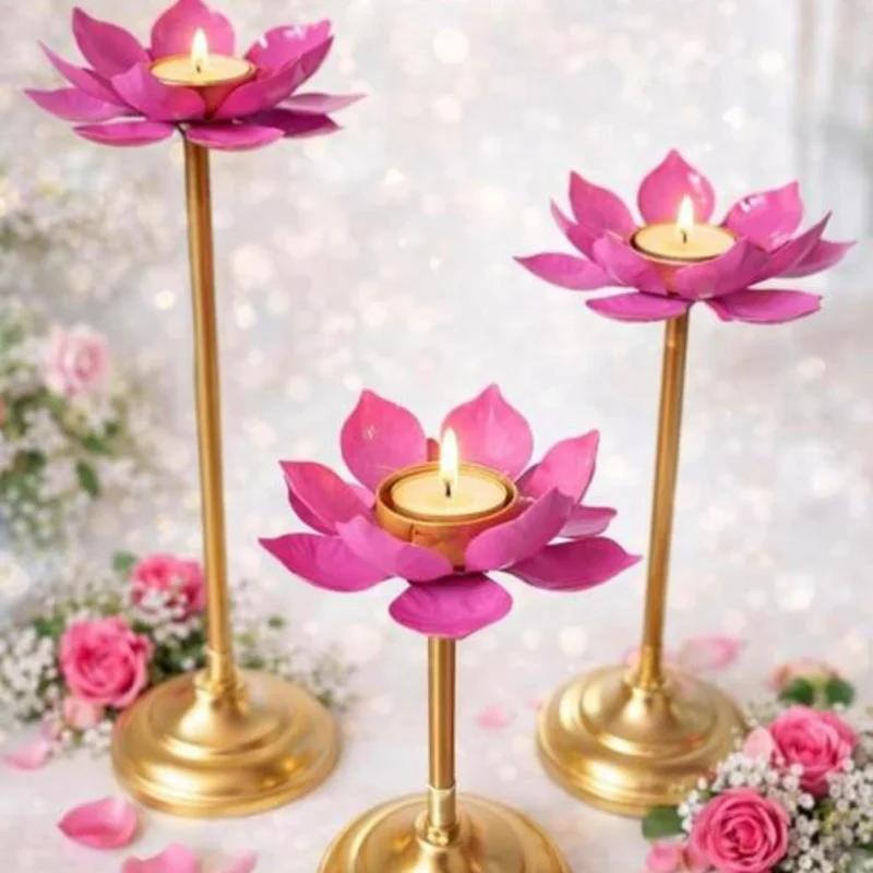 Premium Metal pink lotus Urli Candle Holder set of 1/2/3