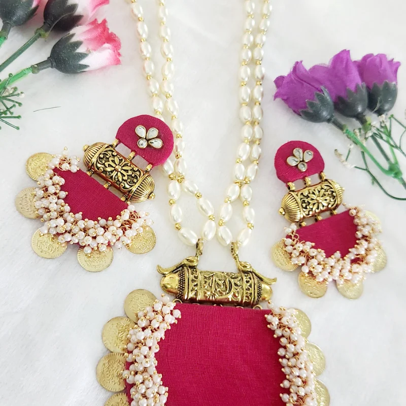 Pink Rani Kundan Beads Necklace Earrings Navratri Necklace Set with earrings