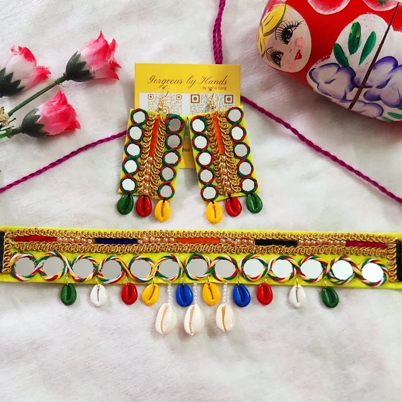 Choker Necklace Set Mirror Garba Jewellery Set Mehandi Haldi Wedding