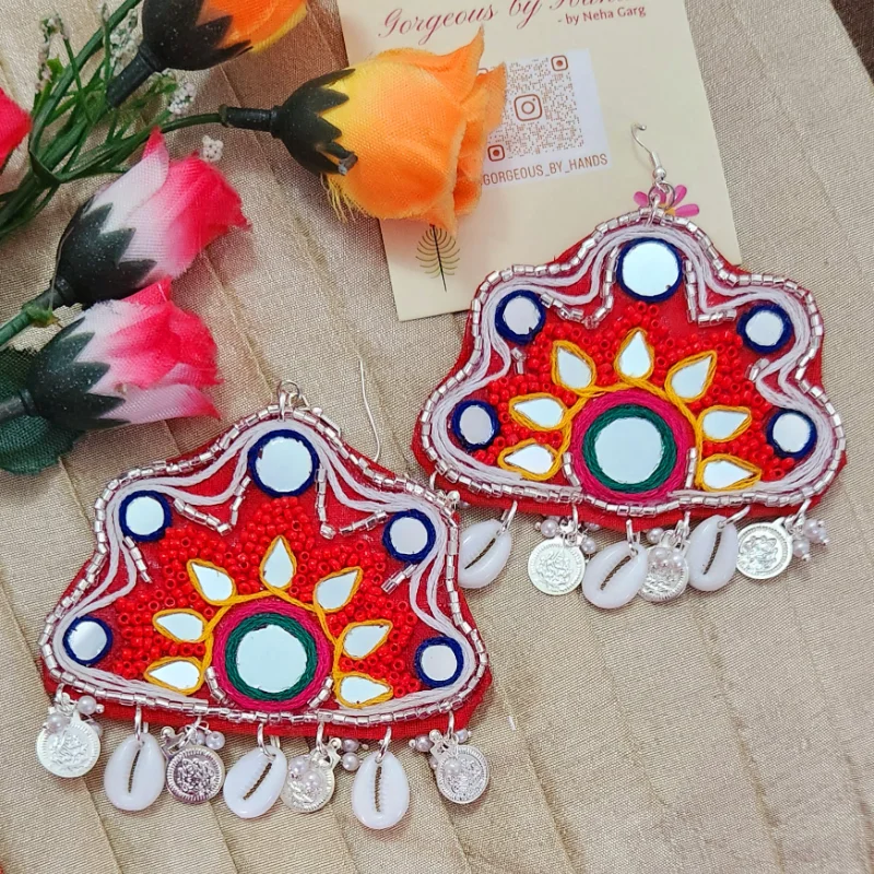 Dangle I dian Garba Navratri Earrings Mirror beads Red Multi Festival Jewellery