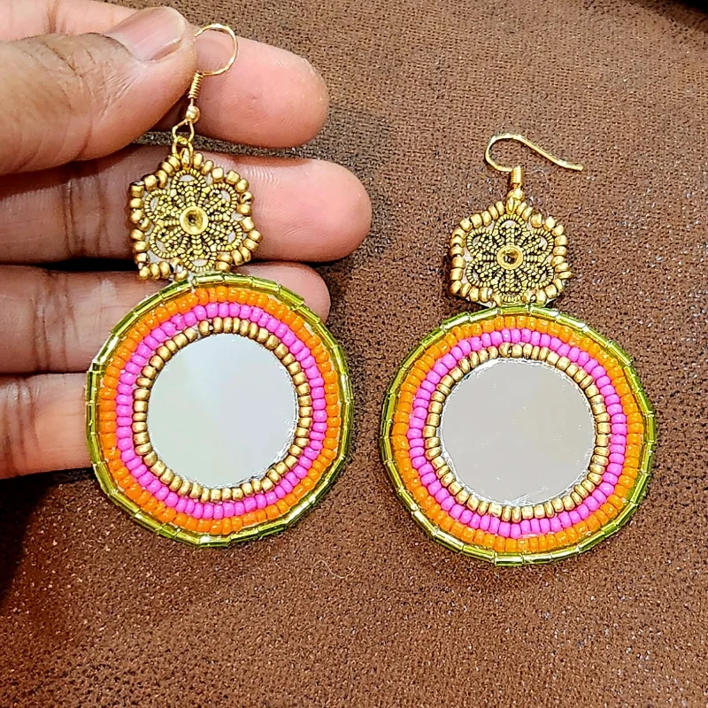 Mirror Beads Festival Indian Dangle Earrings Gold Multi
