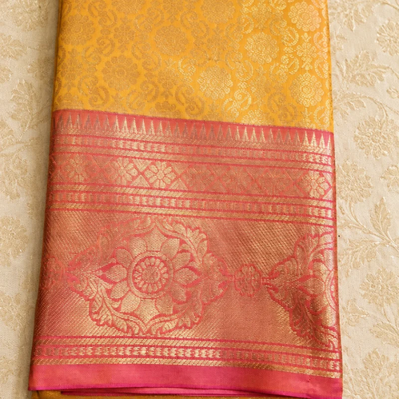 Vibrant Mustard Gold & Pink Kanjivaram Style Silk Saree with Grand Zari Border ✨