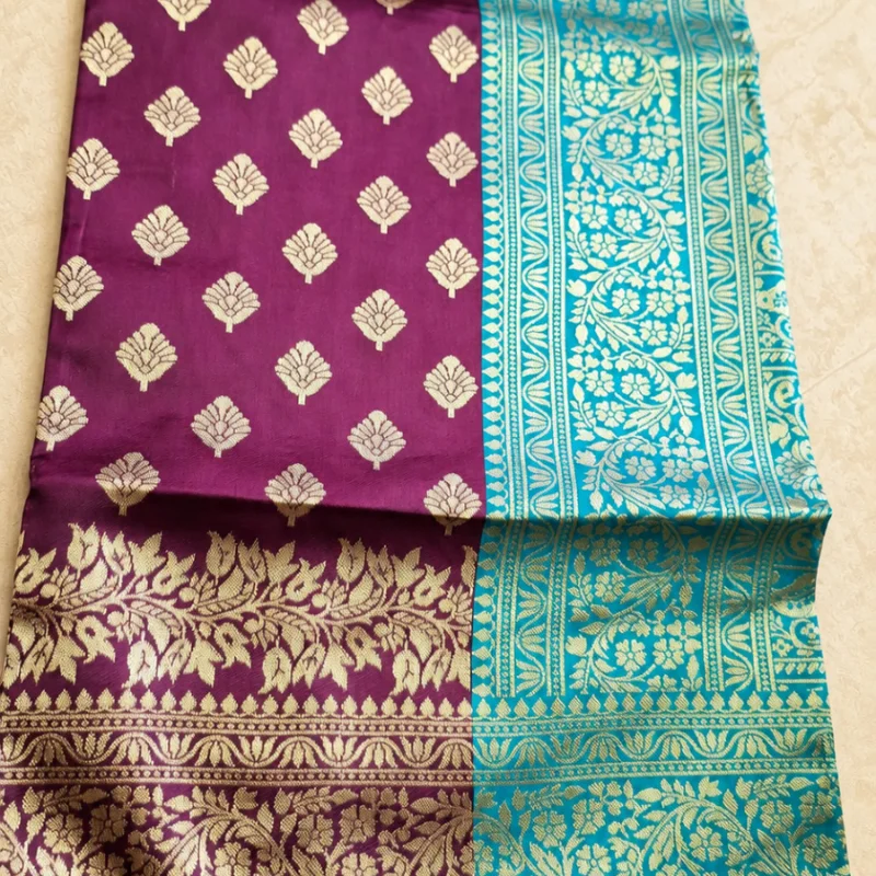 ✨ Vibrant Deep Purple & Turquoise Blue Kanjivaram Style Silk Saree with Grand Zari Pallu ✨