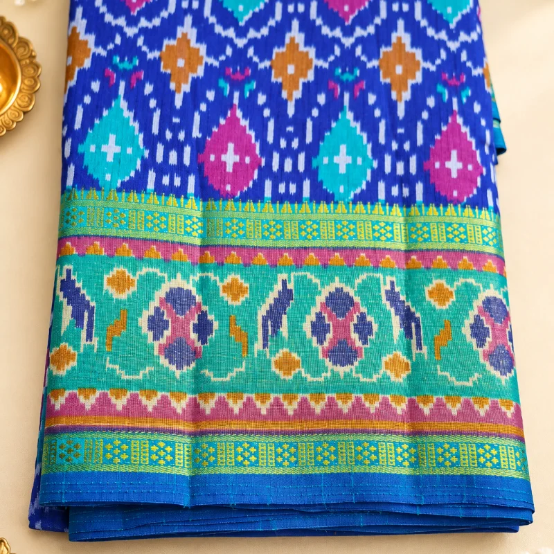 Vibrant Royal Blue Patola Style Cotton Silk Saree with Geometric Ikat Motifs