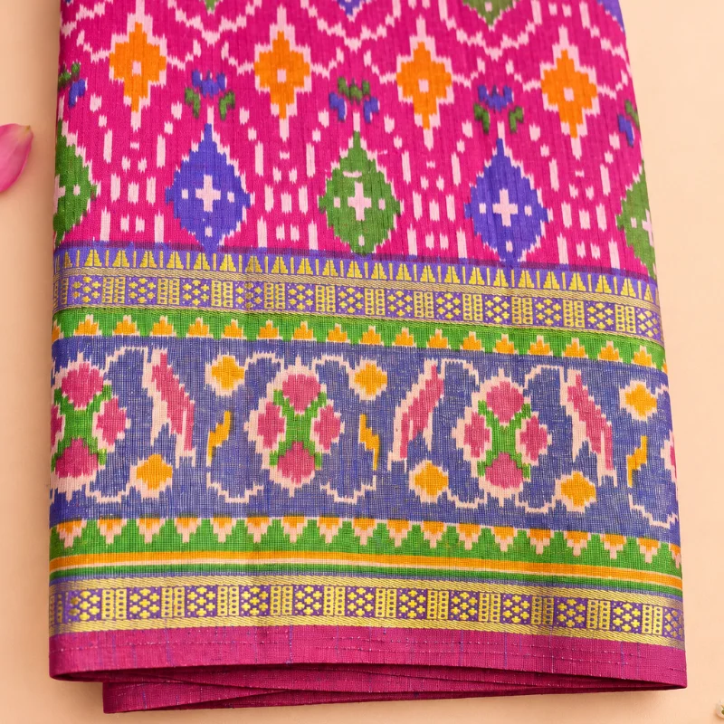 Vibrant Magenta Pink Patola Style Cotton Silk Saree with Geometric Ikat Motifs