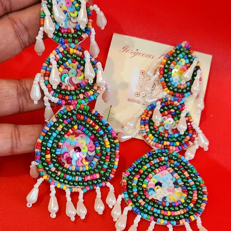 Vibrant Boho Beaded Statement Earrings - Multi-Tier Festival Chandelier Dangles with Sequins & Pearl Fringe