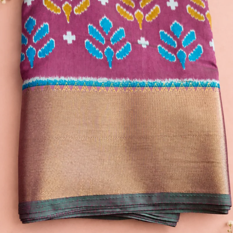 Elegant Plum Purple Patola Ikat Cotton Silk Saree with Rich Zari Border.