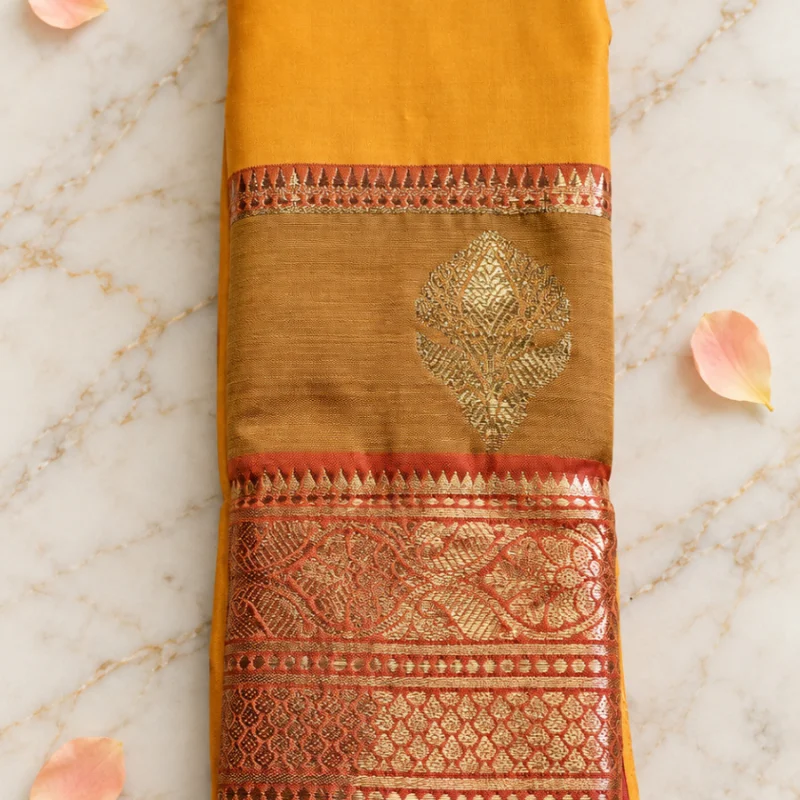 Exquisite Mustard Yellow Banarasi Silk Double Border Zari Saree for Haldi