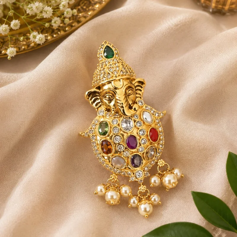Gold Plated 925 Silver Navaratnam Ganesh Pendant