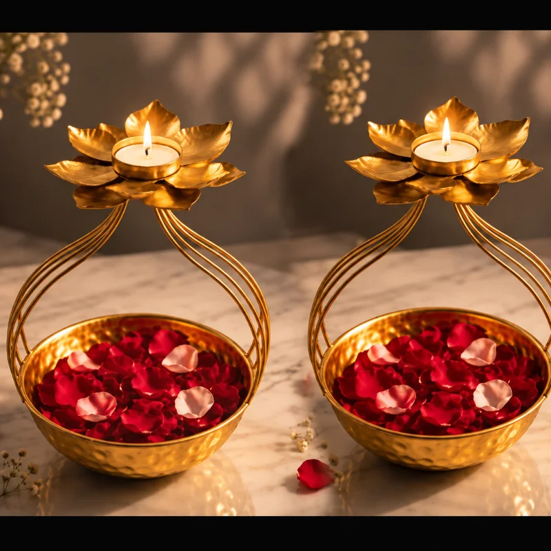 Isquare Decor Iron Urli Bowl and Metal Diya Set in Lotus Shape with Gold Powder Coating for Home Decor and Diwali Decoration with Floating Flowers and Tea Light Candles