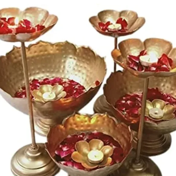 Mom Blessings Taj Bowl Hammered Urli Candle Stand with Floating Diya | Urli for Home Decor and Festival Decor Urli Show Piece for Floating Flowers Diya - 9 Pieces Combo