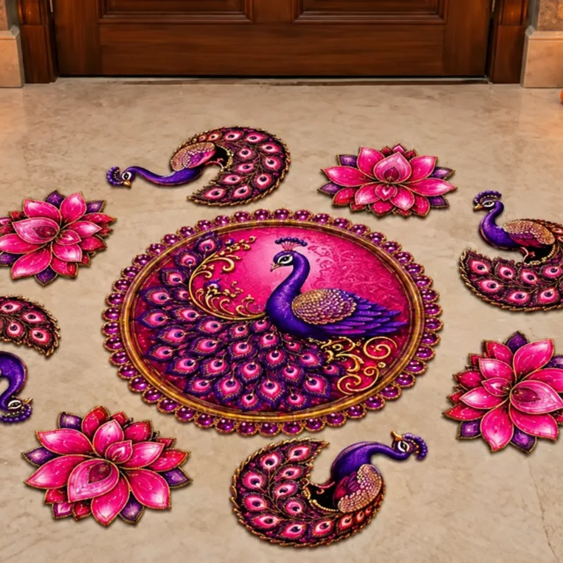 MDF Peacock Rangoli Set for Diwali | Reusable Printed Wooden Rangoli | Lotus Floor Decoration for Home Entrance, Pooja & Festival Decor