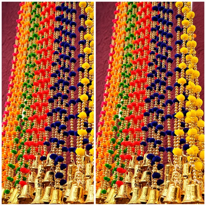 Pack of 10 Rajasthani Round Wall Hanging with Colorful Pom Poms & Bells