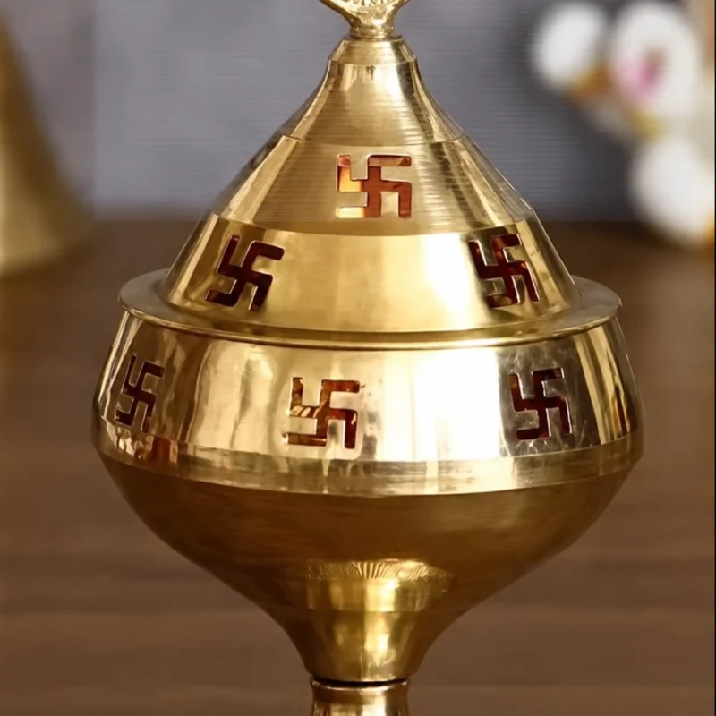 Brass Akhand Deepak OM Swastik Designer Diya with Design Cap Top OM Design Brass Table Diya