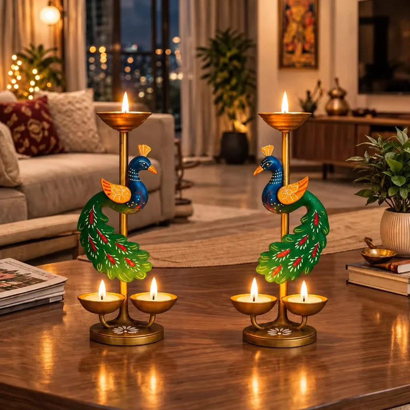 Peacock Candle Holder Diya Stand for Home Temple Décor | Handcrafted Metal Tealight Holder for Pooja, Diwali & Festive Decoration