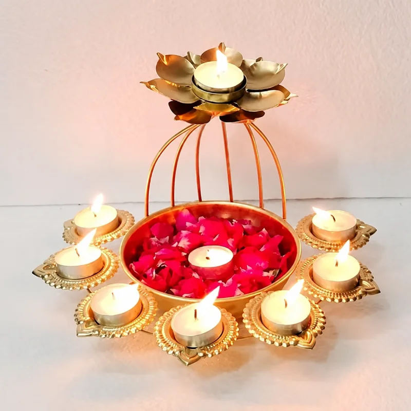 Handcrafted Metal Lotus Tea Light Candle Holder with Urli Base - Decorative Floating Flower Bowl & T-Light Stand Set for Diwali, Mandir & Wedding Decor