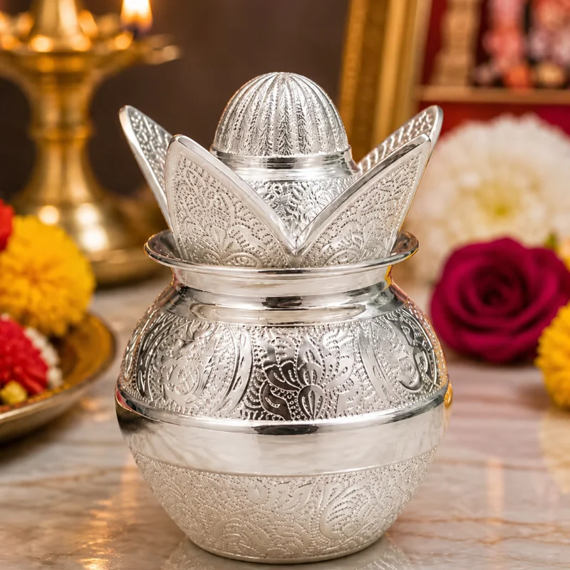 Silver Plated Decorative Kalash with Lid | Pooja Kalash Pot for Home Temple | Engraved Religious Kalash for पूजा & Festive Decor