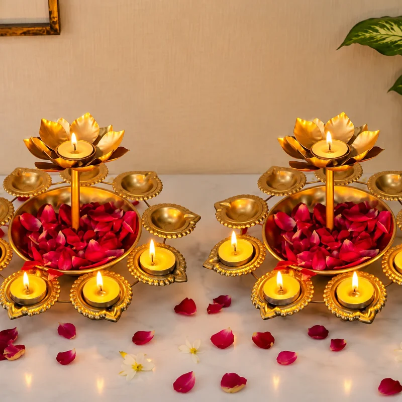 Metal Lotus Diya Urli Bowl Set of 2 for Home Decor | Floating Candle Holder | Decorative Tea Light Stand for Diwali, Pooja & Festive Decoration