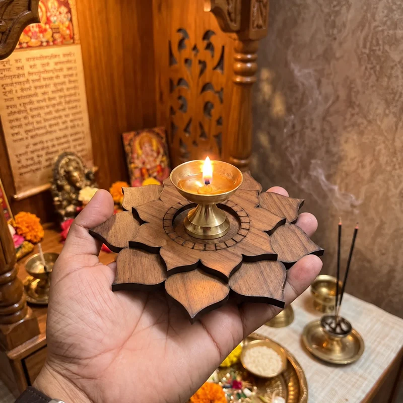 Wooden Diya Holder Set of 2 | Kamal Diya Base for Diwali Decorations & Pooja | Wooden LotusTealight Candle Stand for Diyas & Lanterns | Mandir Decor Items