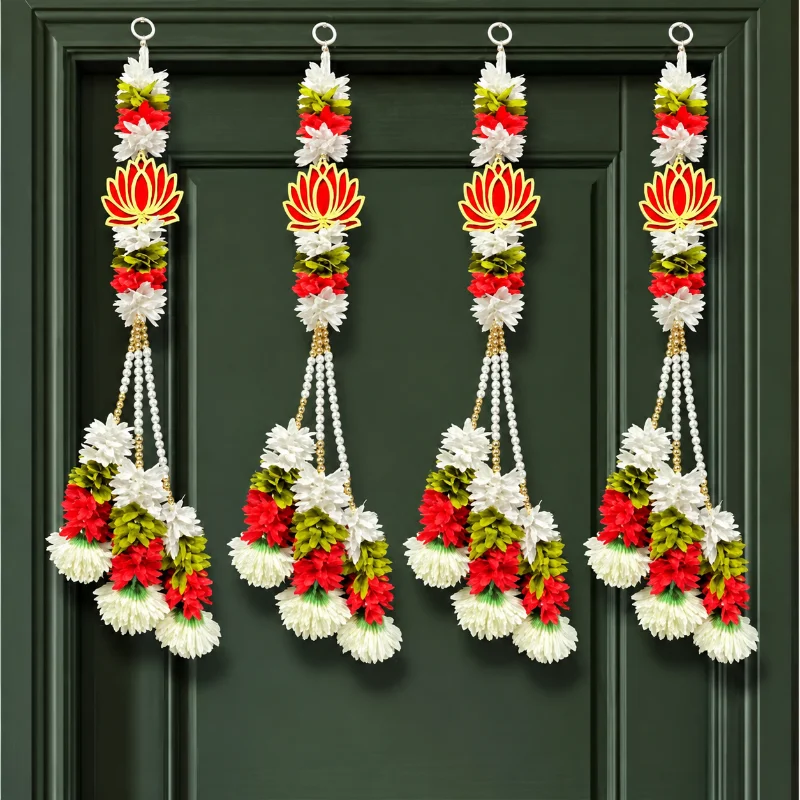 Set of 4 Handmade Lotus Pompom Wall Hanging (20 Inch) – Traditional Yellow & Pink Decorative Latkans for Pooja Room, Ganesh Chaturthi, Diwali, Haldi, Mehendi & Home Decor