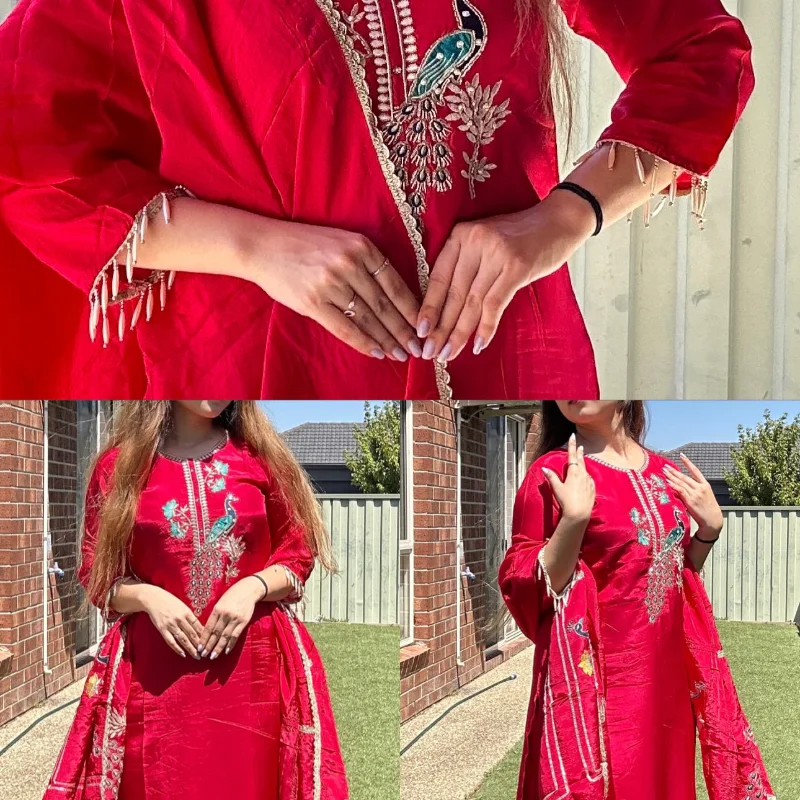 Rani pink Peacock Embroidered 3-Piece Palazzo Suit