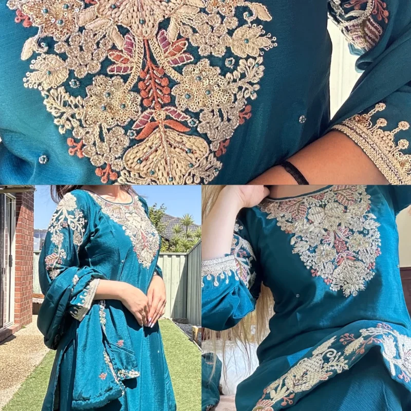 Teal Bemberg Silk Embroidered 3-Piece Set