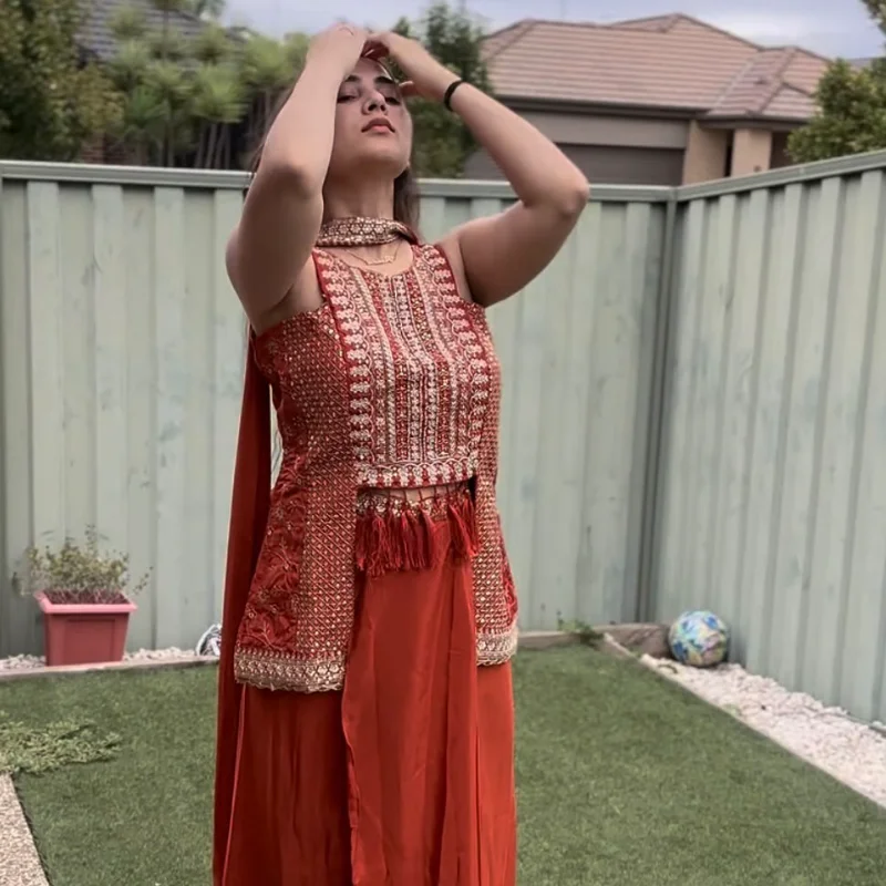 Rust Orange Pure Crepe Embroidered 3-Piece Dhoti Palazzo Set
